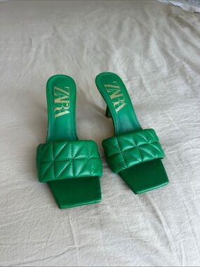 Zara Quilted Green Slide Heels